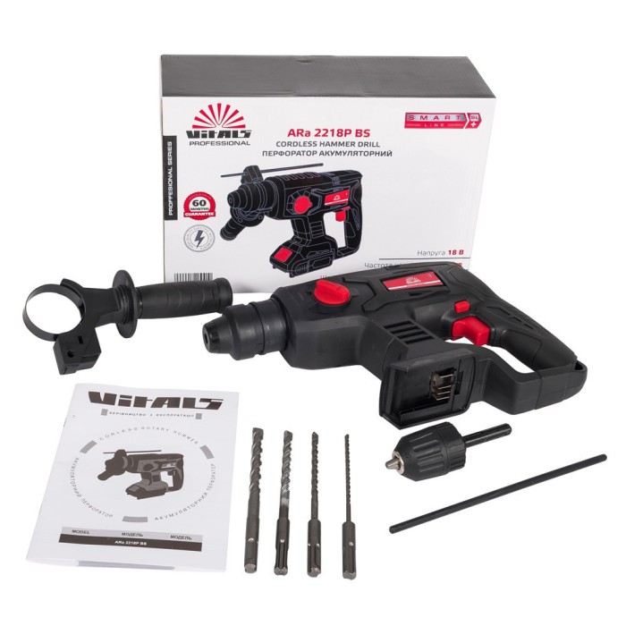 Перфоратор аккумуляторный Vitals Professional ARa 2218P BS, SDS-plus, 18 В, 1400 об/мин, 4500 уд/мин, 1.7 Дж