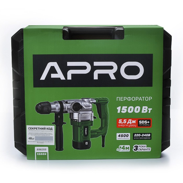 Перфоратор бочковой APRO 5,5Дж, 1500В, SDS+, 1500H, кейс