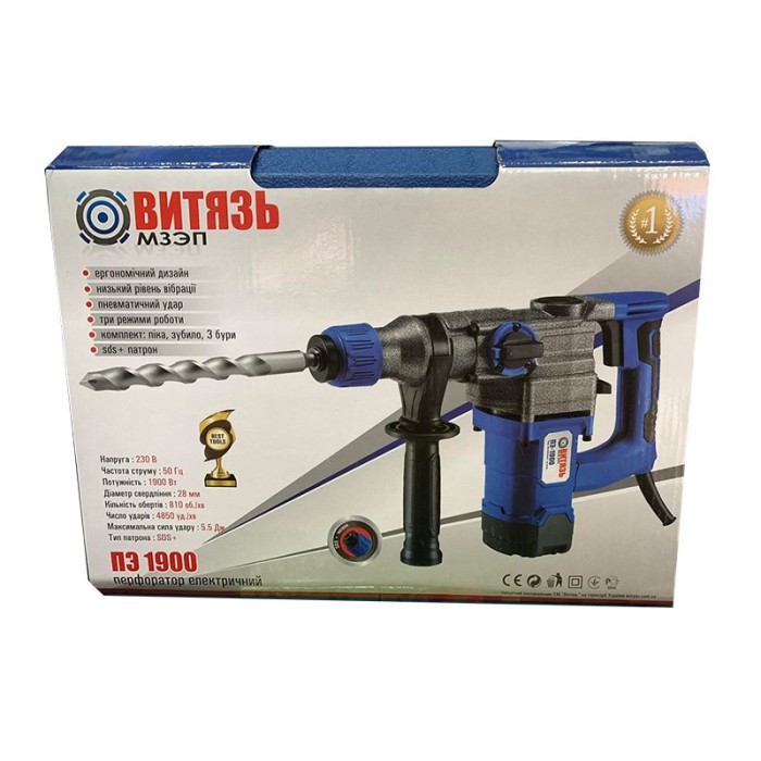 Перфоратор Витязь ПЕ-1900, SDS plus, 1900 Вт, 810 об/хв, 4850 уд/хв, 5.5 Дж, кейс, комплект буров