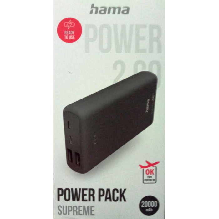 Повербанк Hama Supreme 20000 mAh, 2 USB входа, USB-C, Micro-USB, быстр. зарядка, кабель USB-USB-C, серый