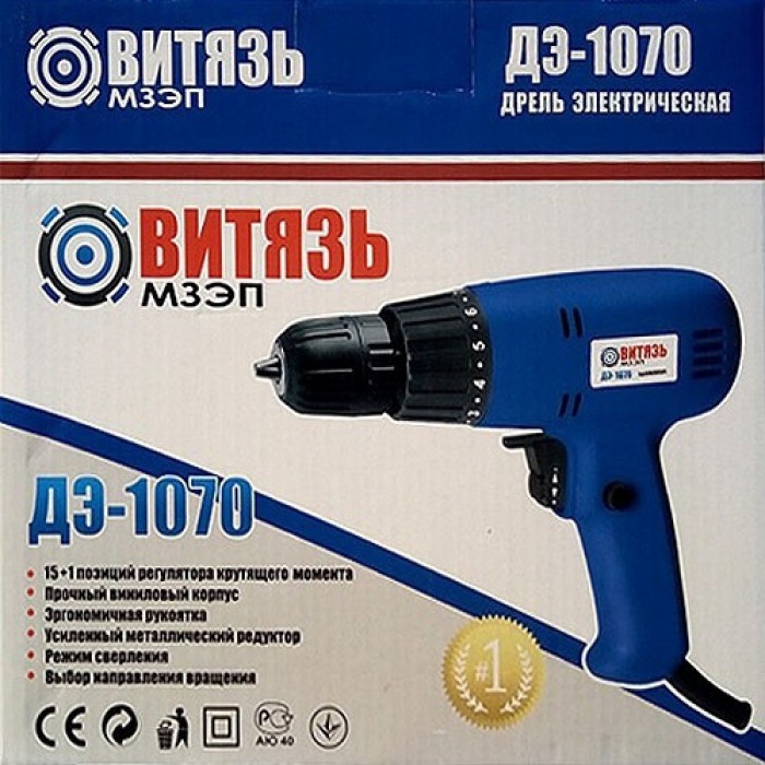 Мережевий шуруповерт Витязь ДЭ-1070, 1070 Вт, 750 об/хв, швидкозатискний патрон