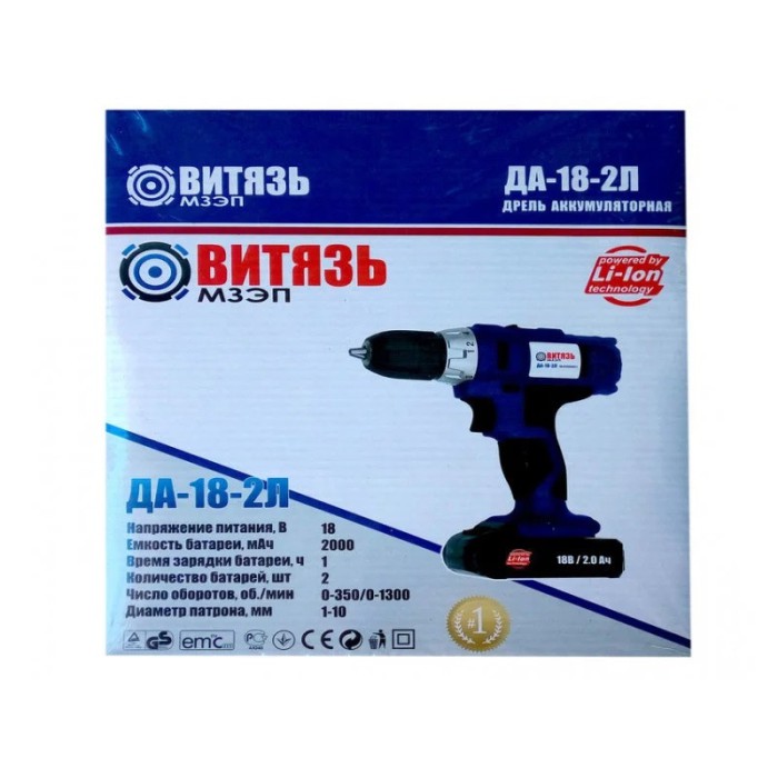 Шуруповерт аккумуляторный Витязь ДА-18/2 Л, 18 В, Li-on, 2 акк, 2 А/ч, 350-1350 об/мин, 2 скор., 20 Нм, кейс