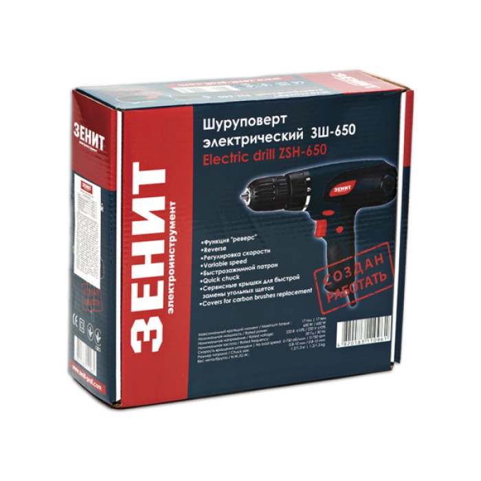 Електричний шуруповерт Зеніт ЗШ-650, 650 Вт, 750 об/хв, момент затягування 17 Нм, реверс, коробка Електричний шуруповерт Зеніт ЗШ-650, 650 Вт, 750 об/хв, момент затягування 17 Нм, реверс, коробка