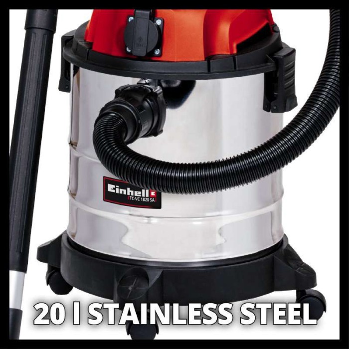 Будівельний пилосос Einhell TC-VC 1820 ЅА, 1250 Вт, 180 мБар, вбудована розетка, контейнер 20 л, насадки
