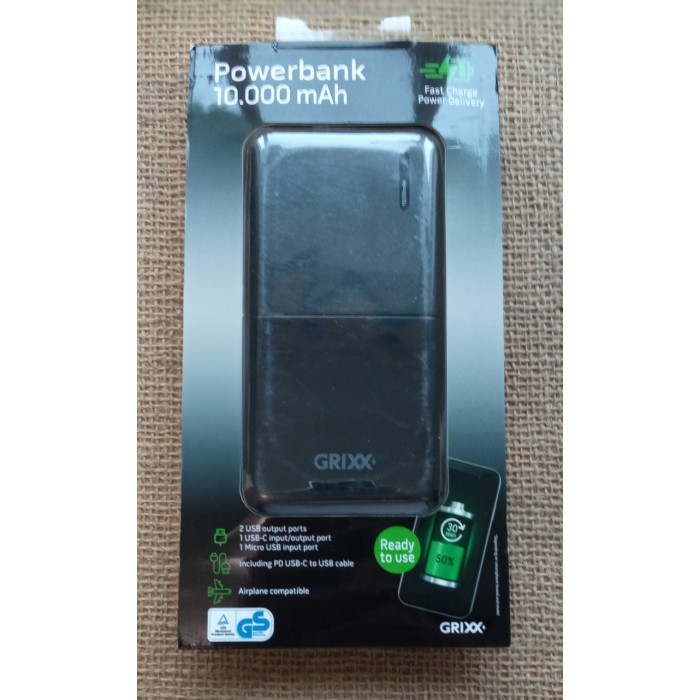 Повербанк GRIXX 10000 mAh, 2 USB входа, USB-C, Micro-USB, быстр. зарядка, кабель USB-USB-C в комплекте, черный
