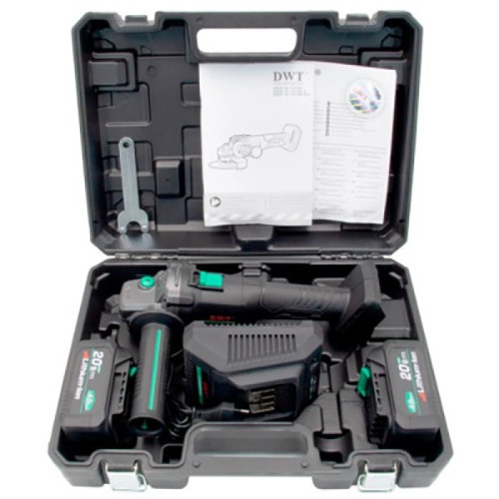 Акумуляторна безщіткова кутова шліфувальна машина (болгарка) DWT AWSP-20-125DN4 BMC (2 АКБ 20В, 4 Аг, кейс)
