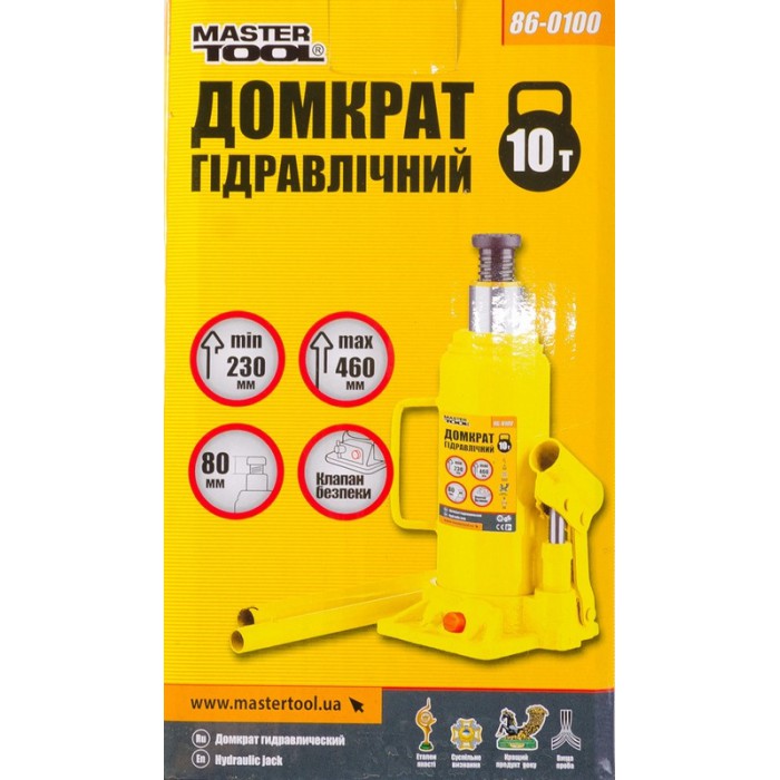 Домкрат гидравлический бутылочный MasterTool 86-0100, 10 т, 230-460 мм