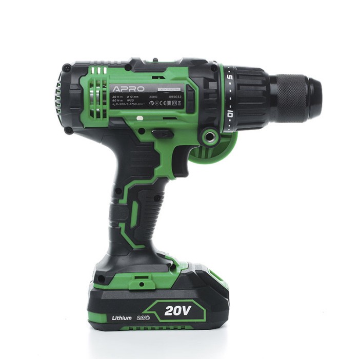 Дриль-шуруповерт ударний APRO 20В, 2А, 20HD 2 АКБ, ЗУ, кейс Дриль-шуруповерт ударний APRO 20В, 2А, 20HD 2 АКБ, ЗУ, кейс
