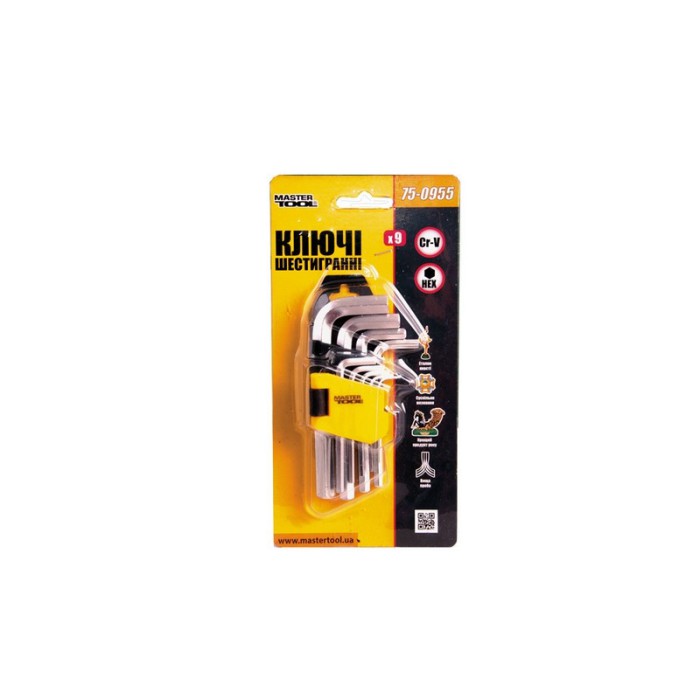 Ключи шестигранные MasterTool 75-0955, набор 9 шт CrV короткие (1,5-10мм L45-112мм)