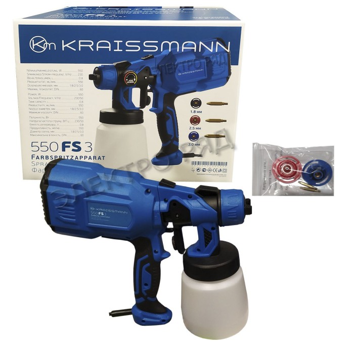 Фарбопульт KRAISSMANN 550 FS 3, 550 Вт, Діаметр сопла 1.8/2.5/3.0 мм, бак 0.8 л, регулювання факела