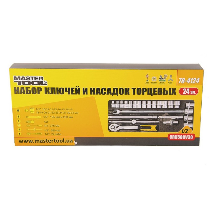 Набор насадок торцевых MasterTool 78-4124 PROFI, CrV 1/2” 10-32 мм, трещотка 72Т, 24 шт метал.кейc