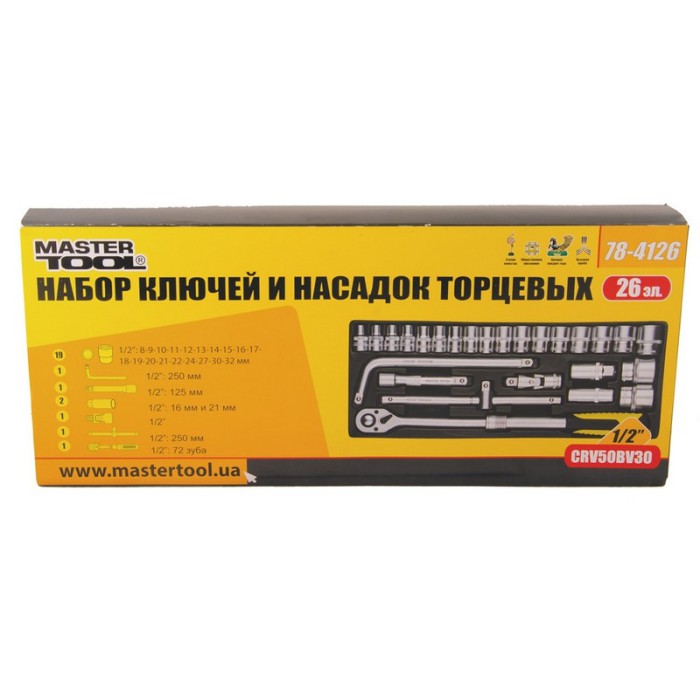 Набор насадок торцевых MasterTool 78-4126 PROFI, CrV 1/2”  8-32 мм, трещотка 72Т, 26 шт, мет. кейc