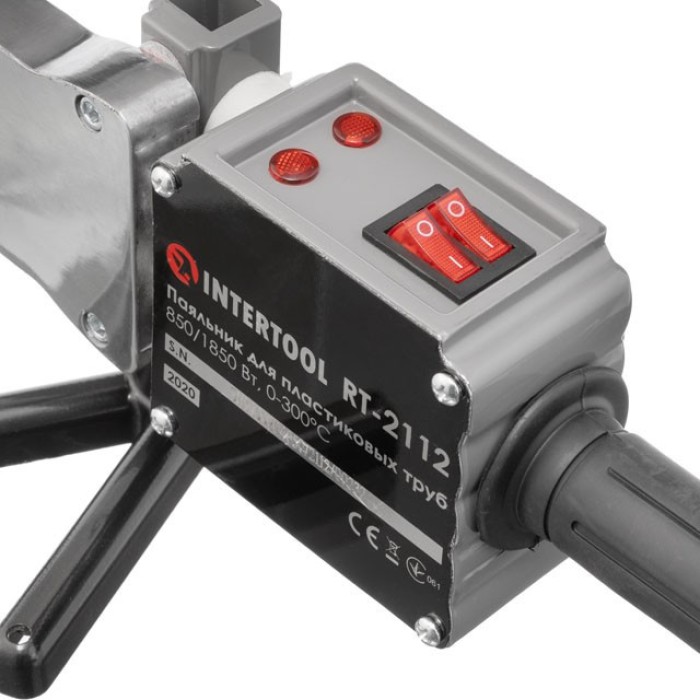 Паяльник для пластиковых труб INTERTOOL RT-2112, 850/1850 Вт, 0-300°C, насадки 20-63 мм, металлический кейс