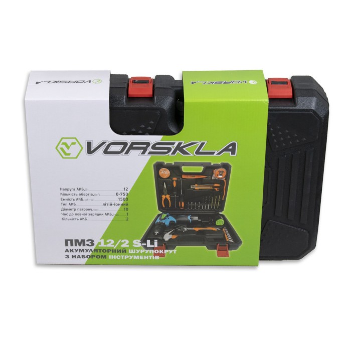 Шуруповерт акумуляторний з набором інструментів VORSKLA ПМЗ 12/2 S-LI, 12 В, Li-ion, 1.5 А/год, 750 об/хв