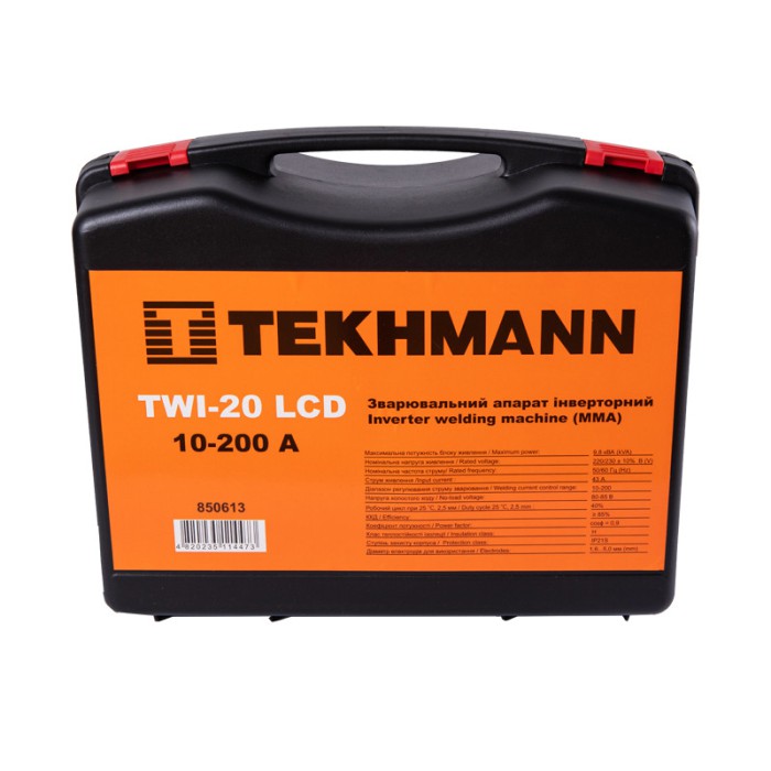 Зварювальний інверторний апарат Tekhmann TWI-20 LCD, 9.8 кВА, зварювальний струм 10-200 А, електроди 1.6-5.0 мм