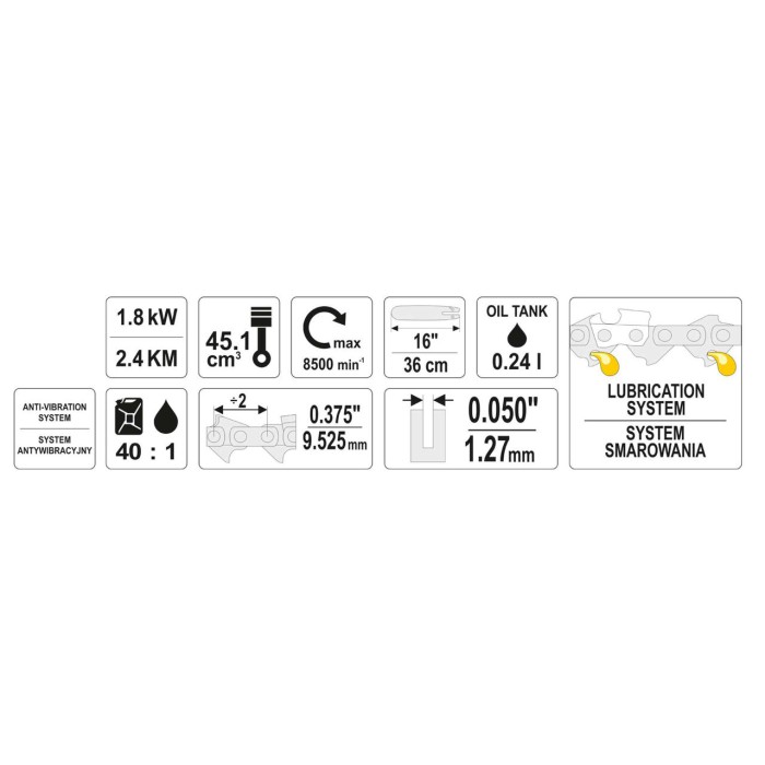 Ланцюгова бензопила YATO YT-84901, 45.1 см3 1.8 кВт шина - 16