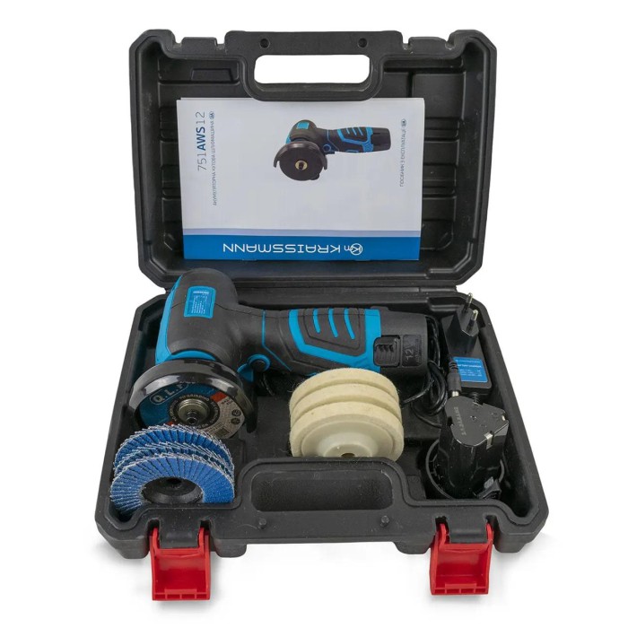 Акумуляторна міні-болгарка KRAISSMANN 751 AWS 12/2, 12 В, 6500 об/хв, диск 75 мм, 2 АКБ, кейс Акумуляторна міні-болгарка KRAISSMANN 751 AWS 12/2, 12 В, 6500 об/хв, диск 75 мм, 2 АКБ, кейс
