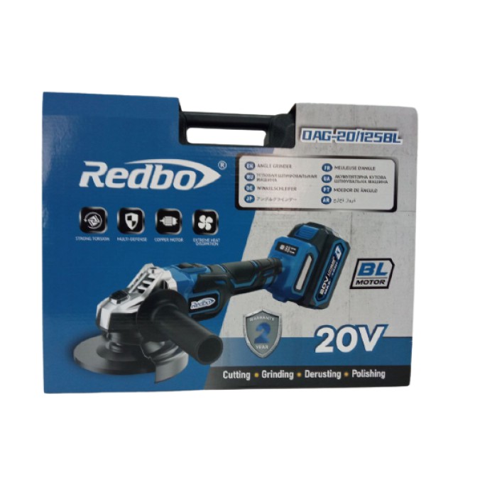 Акумуляторна кутова шліфмашина (болгарка) REDBO OAG-20/125BL, 20В, 4 А/год, диск 125 мм, рег. обертів, кейс Акумуляторна кутова шліфмашина (болгарка) REDBO OAG-20/125BL, 20В, 4 А/год, диск 125 мм, рег. обертів, кейс