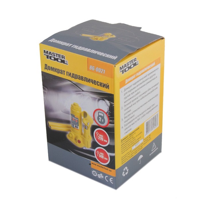 Домкрат гидравлический бутылочный MasterTool 86-0021, 2 т, 158-308 мм