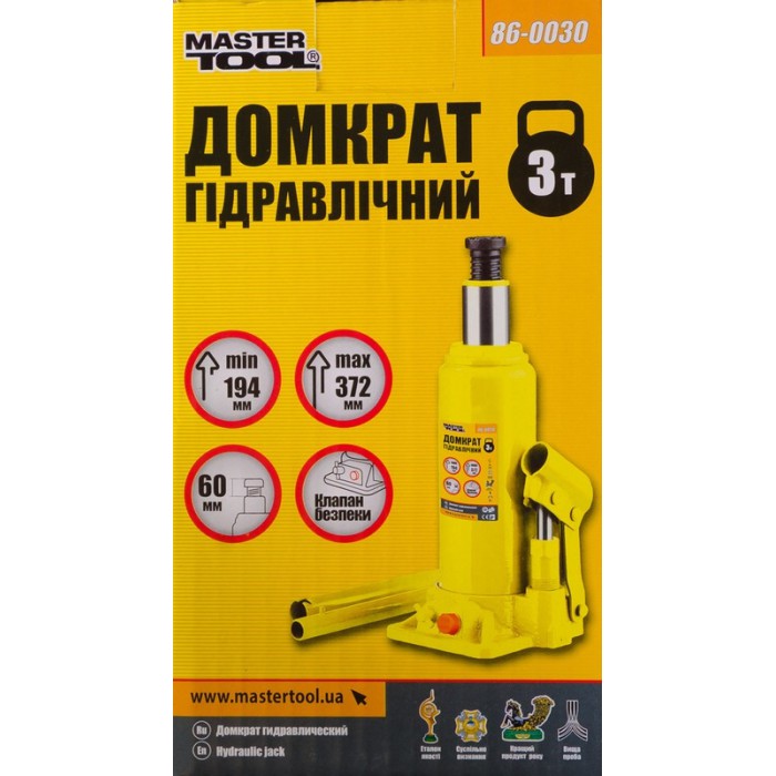 Домкрат гидравлический бутылочный Mastertool 86-0030, 3 т, 194-372 мм
