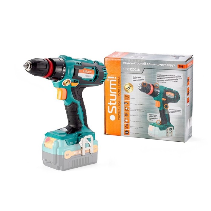 Дриль-шуруповерт акумуляторна Sturm CD3220CLD, 20, 1650 об/хв, 2 швидкості, DFR патрон, LED підсвічування