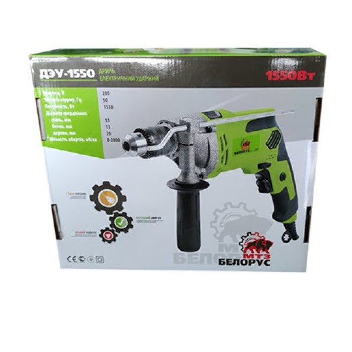 Дриль ударний Білорус ДЕУ-1550, 1550 Вт, 2800 об/хв, ключовою патрон 13 мм, глибиномір