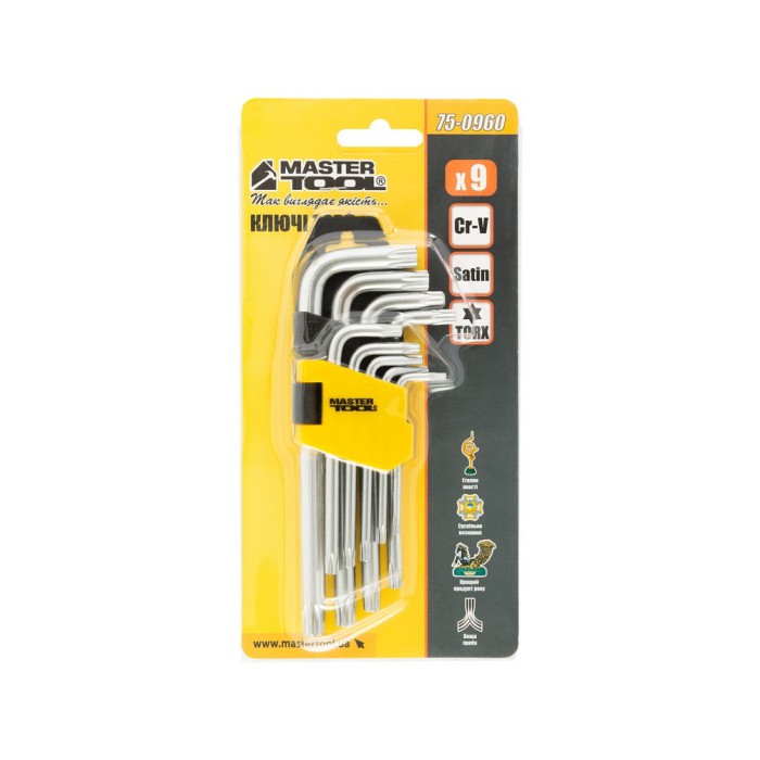 Ключі TORX MasterTool 75-0960, набір 9 шт CrV короткі (Т10-Т50 L55-133мм)