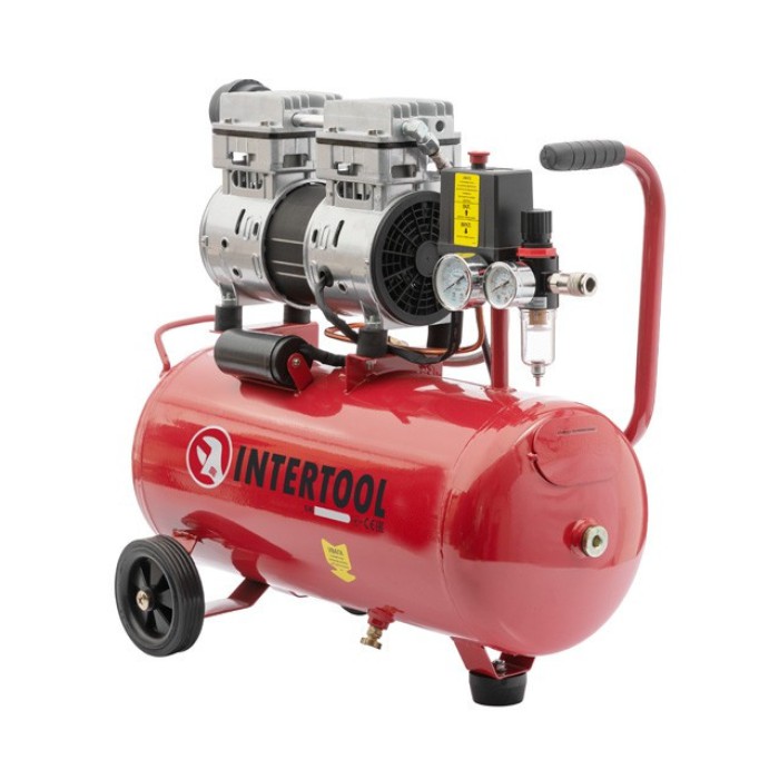 Компресор INTERTOOL PT-0022, 24 л, 1.1 кВт, 220 В, 8 атм, 145 л/хв, малошумний, безмасляний, 2 циліндра