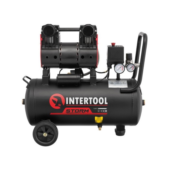 Компресор INTERTOOL PT-0026, 24 л, 1.1 кВт, 220В, 8атм, 160 л/хв, 1400 об/хв, безмасляний, 2 циліндра
