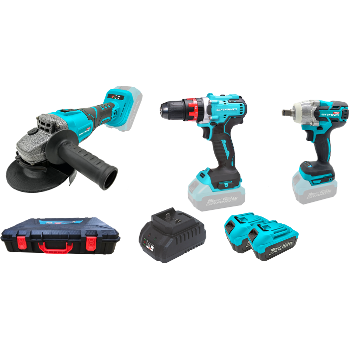 Набір акумуляторних інструментів Grand в кейсі: болгарка МШУ-20BL/PRO; шуруповерт ДА-20UBL; гайковерт АГ-500UBL Набір акумуляторних інструментів Grand в кейсі: болгарка МШУ-20BL/PRO; шуруповерт ДА-20UBL; гайковерт АГ-500UBL