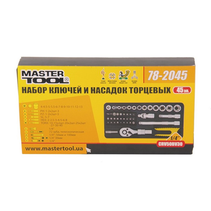 Набор насадок торцевых MasterTool 78-2045 PROFI, CrV 1/4” 4-13 мм, трещотка 72Т, 45 шт, мет. кейс