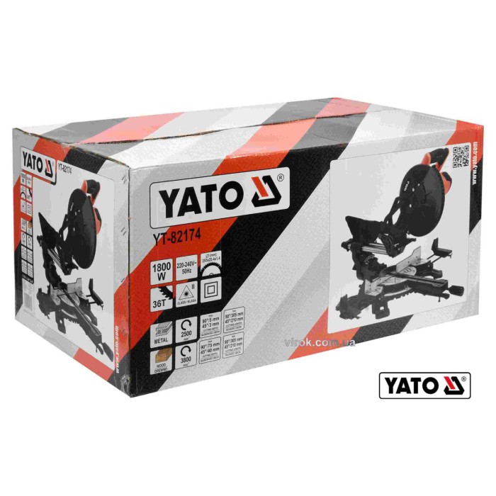 Пила торцовочная по дереву и металлу с лазером и протяжкой YATO YT-82174 1.8 кВт диск 255 x 25.4 мм