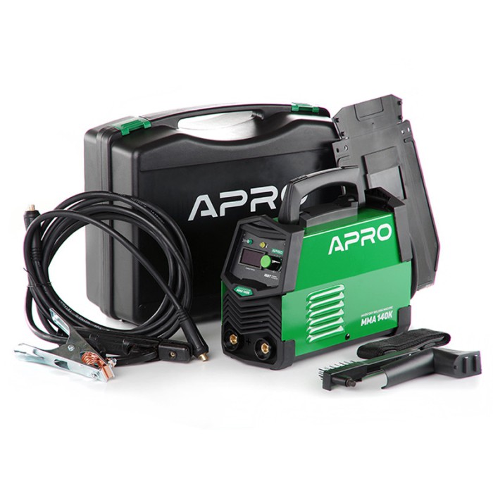 Зварювальний апарат інверторний APRO MMA-140 K, ел. 4мм, + набір кабелів, кейс