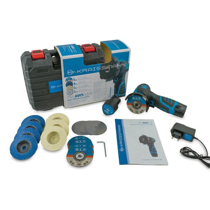Акумуляторна міні-болгарка KRAISSMANN 751 AWS 12/2, 12 В, 6500 об/хв, диск 75 мм, 2 АКБ, кейс
