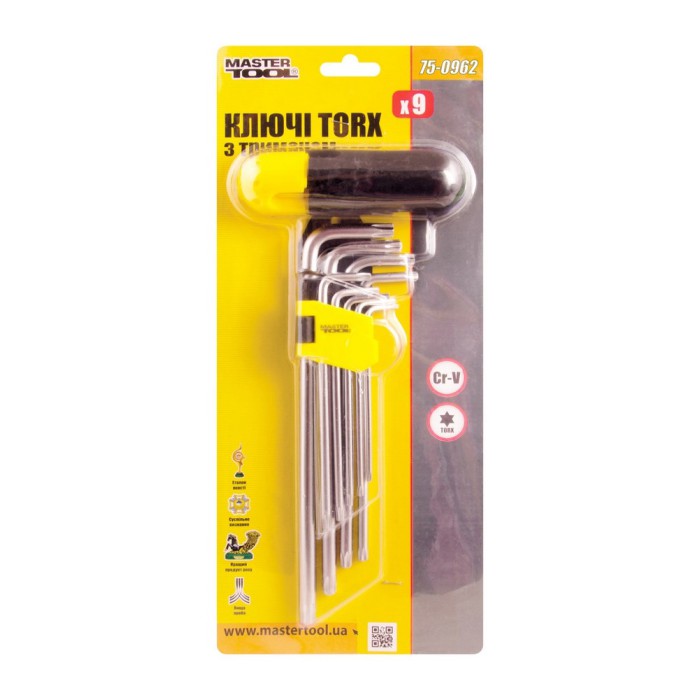 Ключі TORX з держателем MasterTool 75-0962, набір 9 шт CrV довгі (Т10-Т50 L90-227мм)