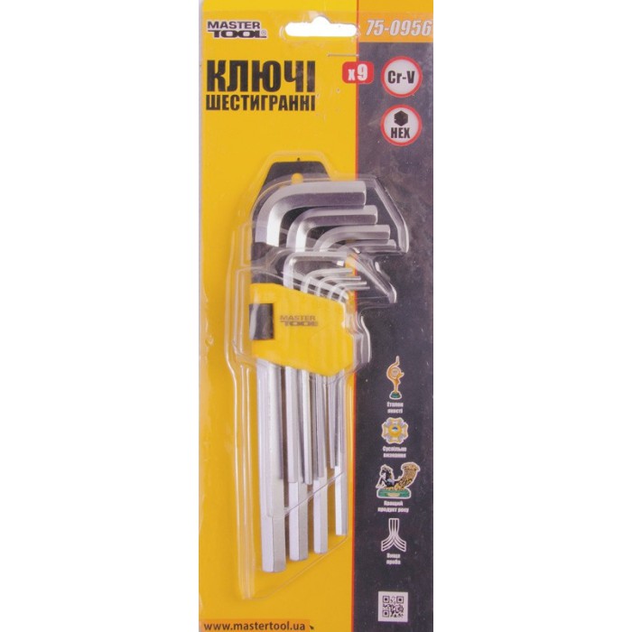 Ключи шестигранные MasterTool 75-0956, набор 9 шт CrV удлиненные (1,5-10мм L74-172мм)