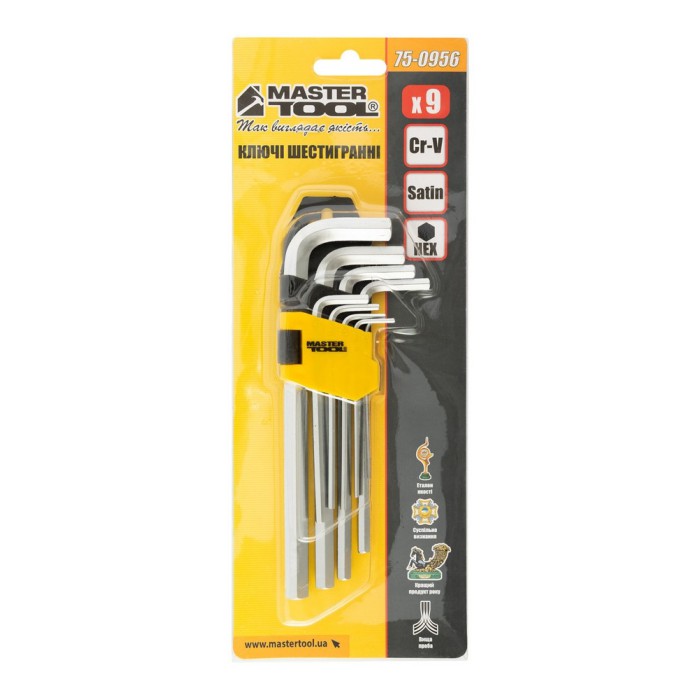 Ключи шестигранные MasterTool 75-0956, набор 9 шт CrV удлиненные (1,5-10мм L74-172мм)