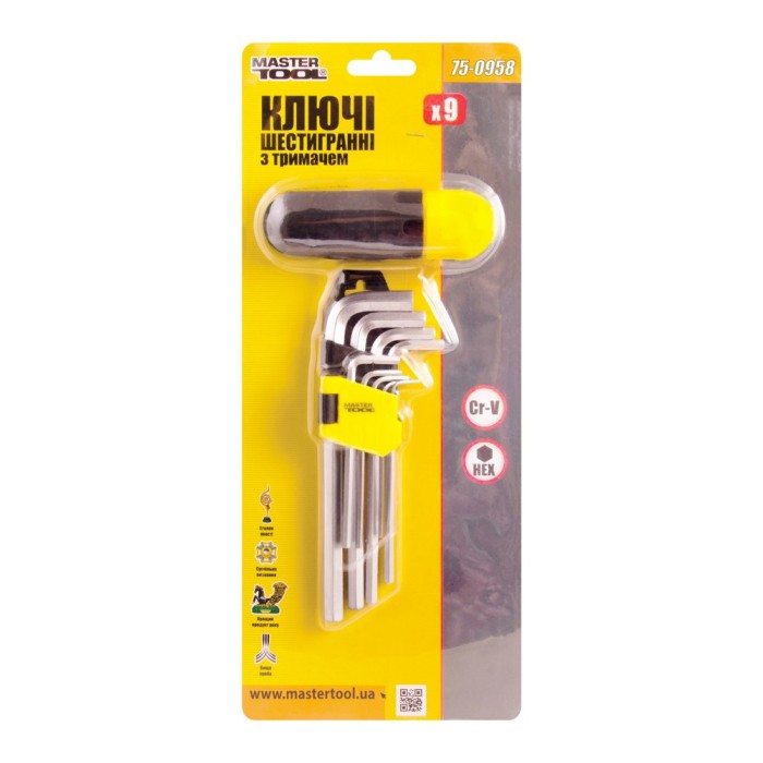 Ключі шестигранні з держателем MasterTool 75-0958, набір 9 шт CrV удл. (1,5-10мм L74-172мм)