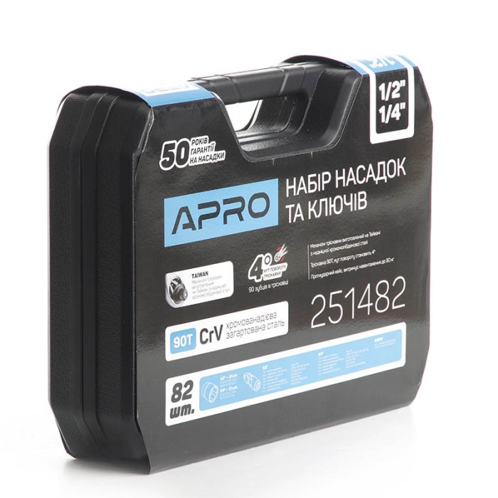 Набір насадок з гайковими ключами CrV ¼, ½ ( 90Т) (82 шт) APRO 251482