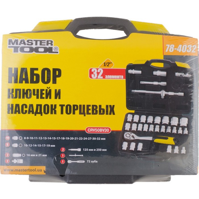 Набор насадок торцевых MasterTool 78-4032 PROFI, CrV 1/2”  8-32 мм, трещотка 72Т, 32 шт, кейс
