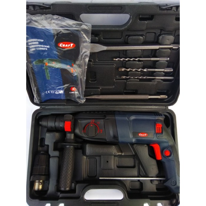 Перфоратор Craft CBH 1100DFR, SDS+, 1100 Вт, 1300 об/хв, 4550 уд/хв, 2.8 Дж, 3 режими, кейс
