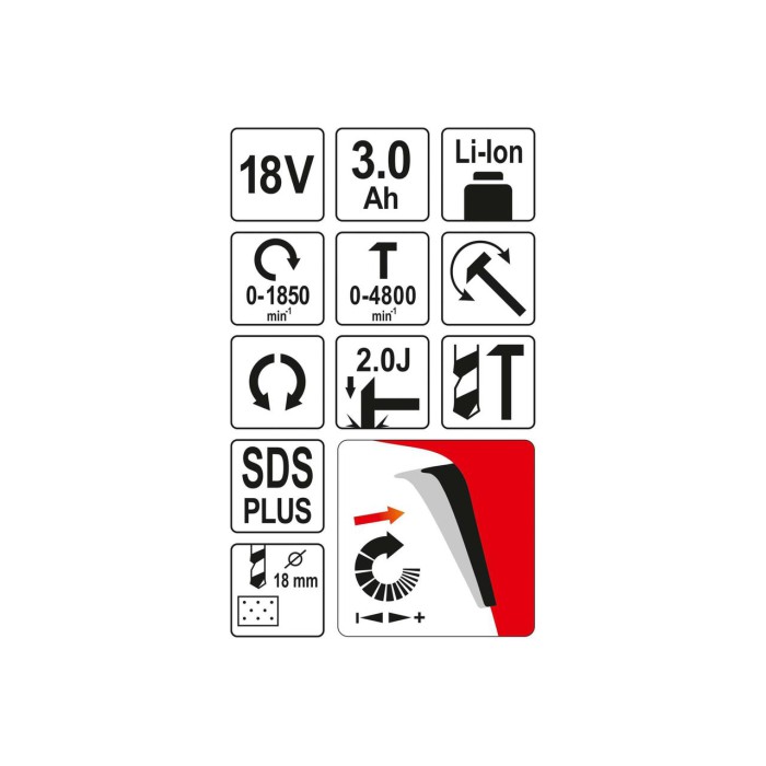 Перфоратор аккумуляторный YATO YT-82770 (SDS+  Li-Ion 18 В 3 Ач)