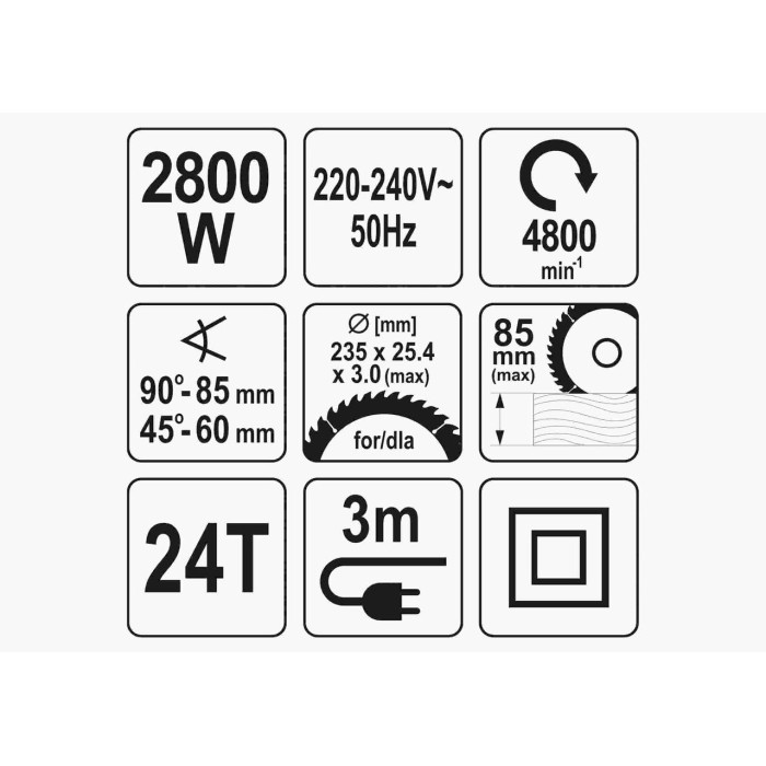 Пила дисковая сетевая YATO YT-82154 (2800 Вт диск 235 x 25.4 x 3 мм 0-45° 85 мм)