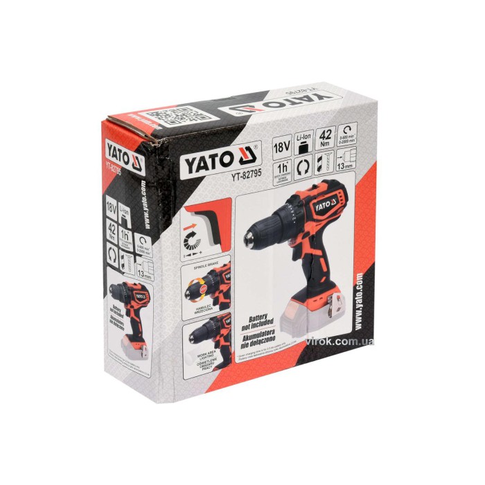 Шуруповерт-дрель бесщеточный аккумуляторный YATO YT-82795 18 В 42 Нм (без аккумулятора и зарядного устройства)