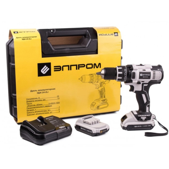 Шуруповерт акумуляторний Елпром ЕДА-24-2 Li, 24 В, 2 акум., 2 А/ч, 2 швидкості, 40 Нм, кейс, LED підсвічування Шуруповерт акумуляторний Елпром ЕДА-24-2 Li, 24 В, 2 акум., 2 А/ч, 2 швидкості, 40 Нм, кейс, LED підсвічування
