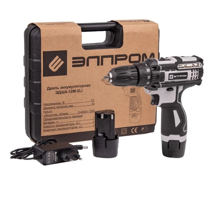 Шуруповерт акумуляторний Елпром ЕДША-12М-12Li NEW, 12 В, 2 А/ч, 2 акум., 2 швидкості, LED підсвічування, кейс Шуруповерт акумуляторний Елпром ЕДША-12М-12Li NEW, 12 В, 2 А/ч, 2 акум., 2 швидкості, LED підсвічування, кейс