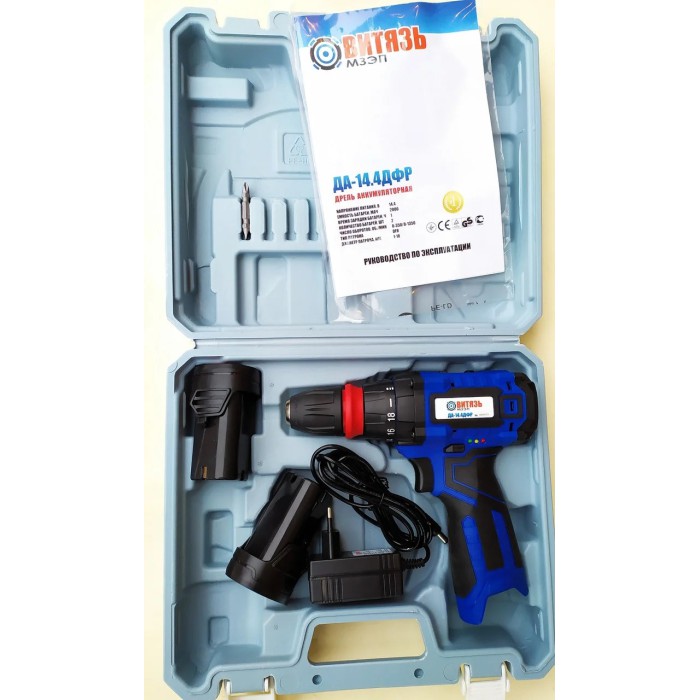 Акумуляторний шуруповерт Витязь ТАК 14.4 ДФР, 14.4 В, 2 А/год, 25 Нм, 2 швидкості, 2 акумулятори, кейс Акумуляторний шуруповерт Витязь ТАК 14.4 ДФР, 14.4 В, 2 А/год, 25 Нм, 2 швидкості, 2 акумулятори, кейс