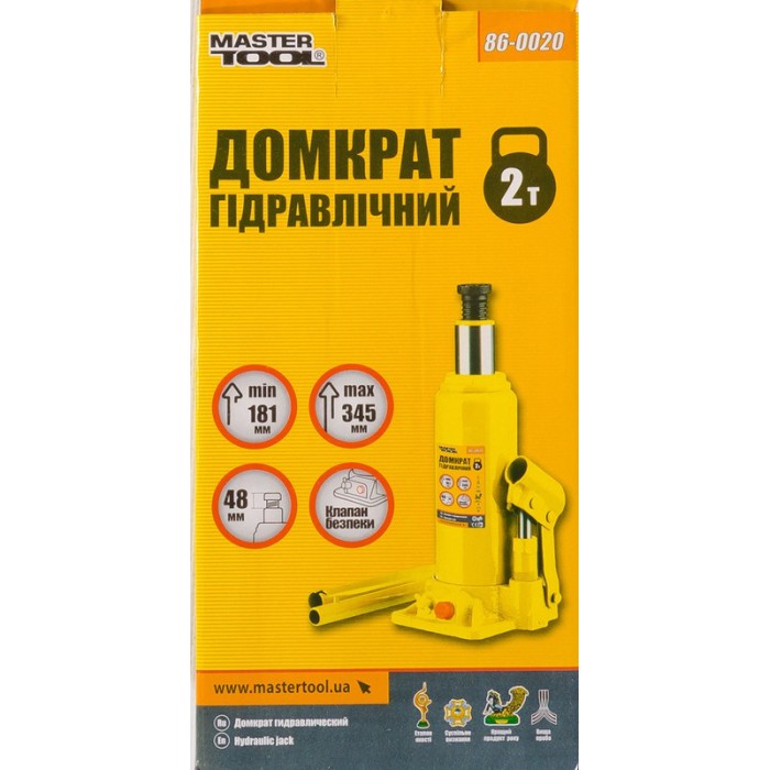 Домкрат гідравлічний пляшковий Mastertool 86-0020, 2 т, 181-345 мм