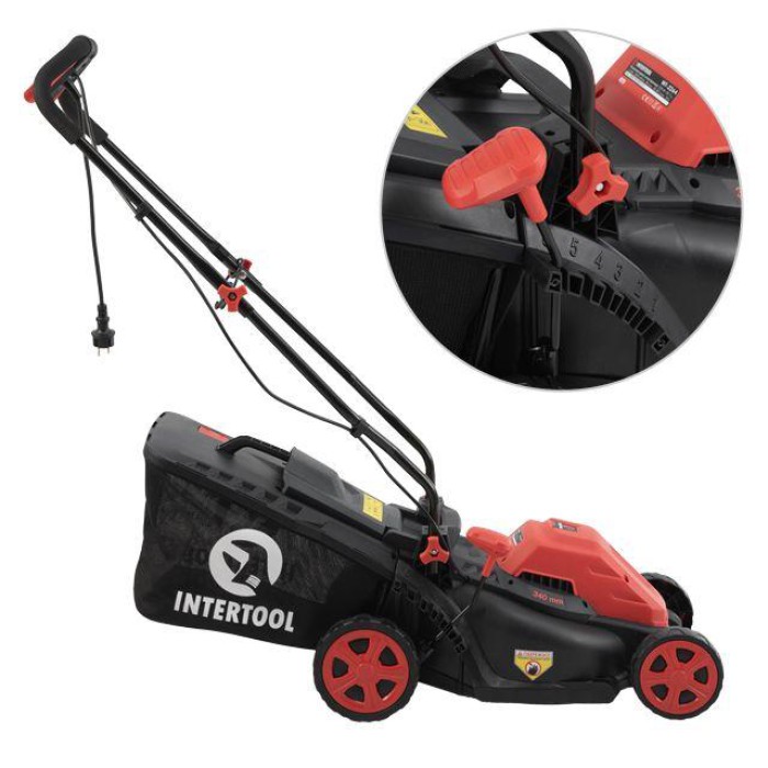 Газонокосилка электрическая INTERTOOL WT-2264, 1.4 кВт, захват 340 мм, высота среза 30-80 мм, контейнер 35 л