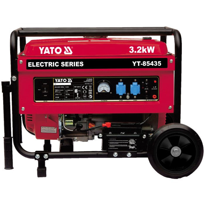 Генератор струму бензиновий YATO YT-85435: P= 3.2 кВт, U= 230V AC і 12V DC, витрата - 1.45 л/р, бак - 15 л